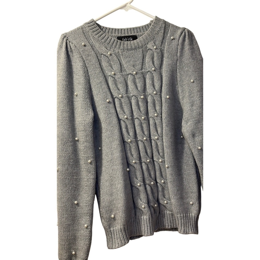 Chunky CableKnit Crewneck Sweater Pearl Puff Sleeve Gray Old Money|Quiet Luxury - Picture 7 of 9